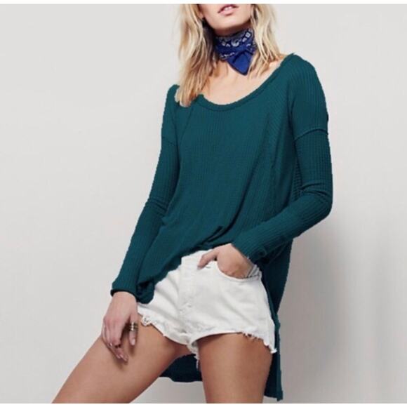 Free People Ventura Thermal Top Teal Blue Waffle Knit Long Sleeve Boho M - Picture 1 of 12